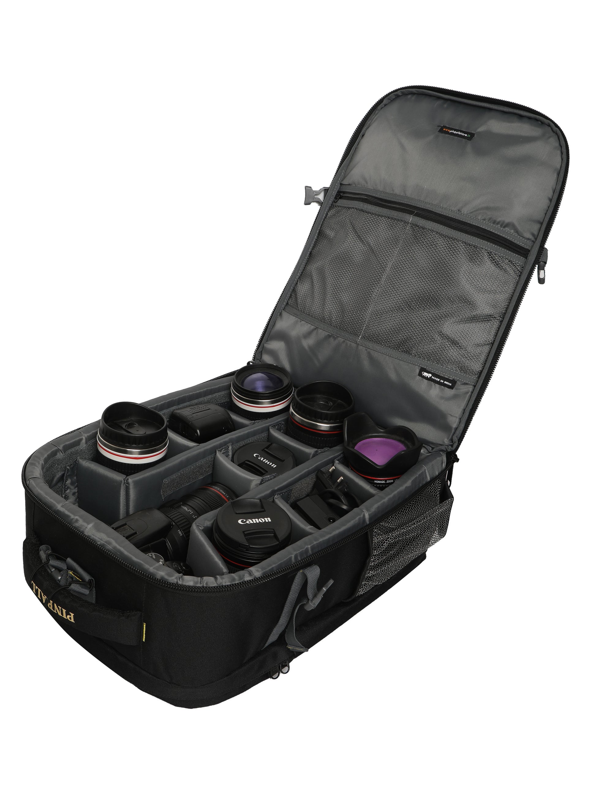 Image: Open view of the G11 Victory DSLR camera bag, showcasing a meticulously organized arrangement of cameras, lenses, tripods, flashes, and other essential photography equipment. The bag's spacious compartments and thoughtful design ensure easy access and secure storage for each item, allowing photographers to efficiently carry and protect their gear during photo shoots.