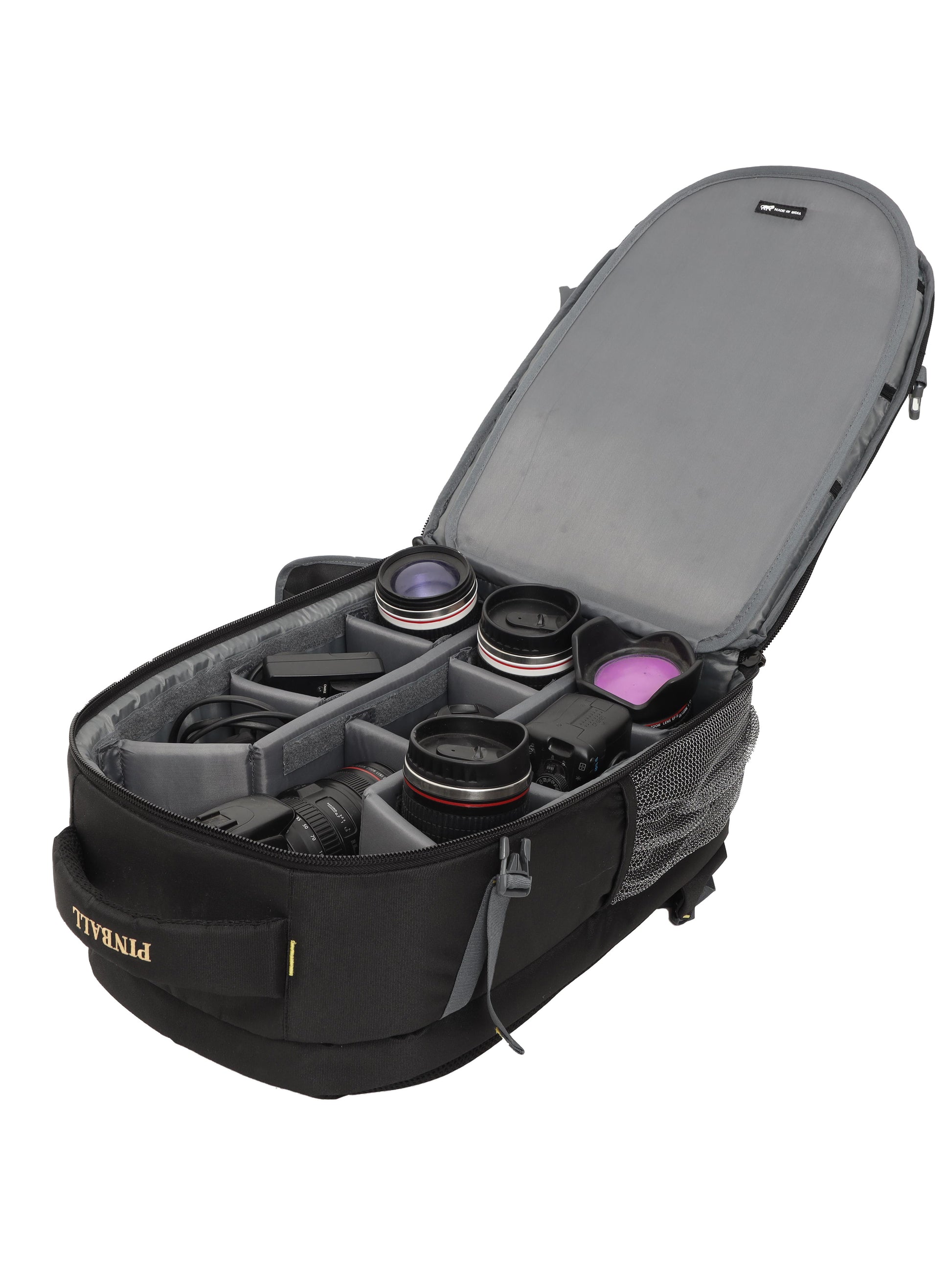 Open view of the G12 Target DSLR camera bag, revealing a carefully arranged collection of cameras, lenses, tripods, flashes, and other essential photography equipment. The bag's spacious compartments and versatile organization ensure convenient storage and easy access to gear during photo shoots."