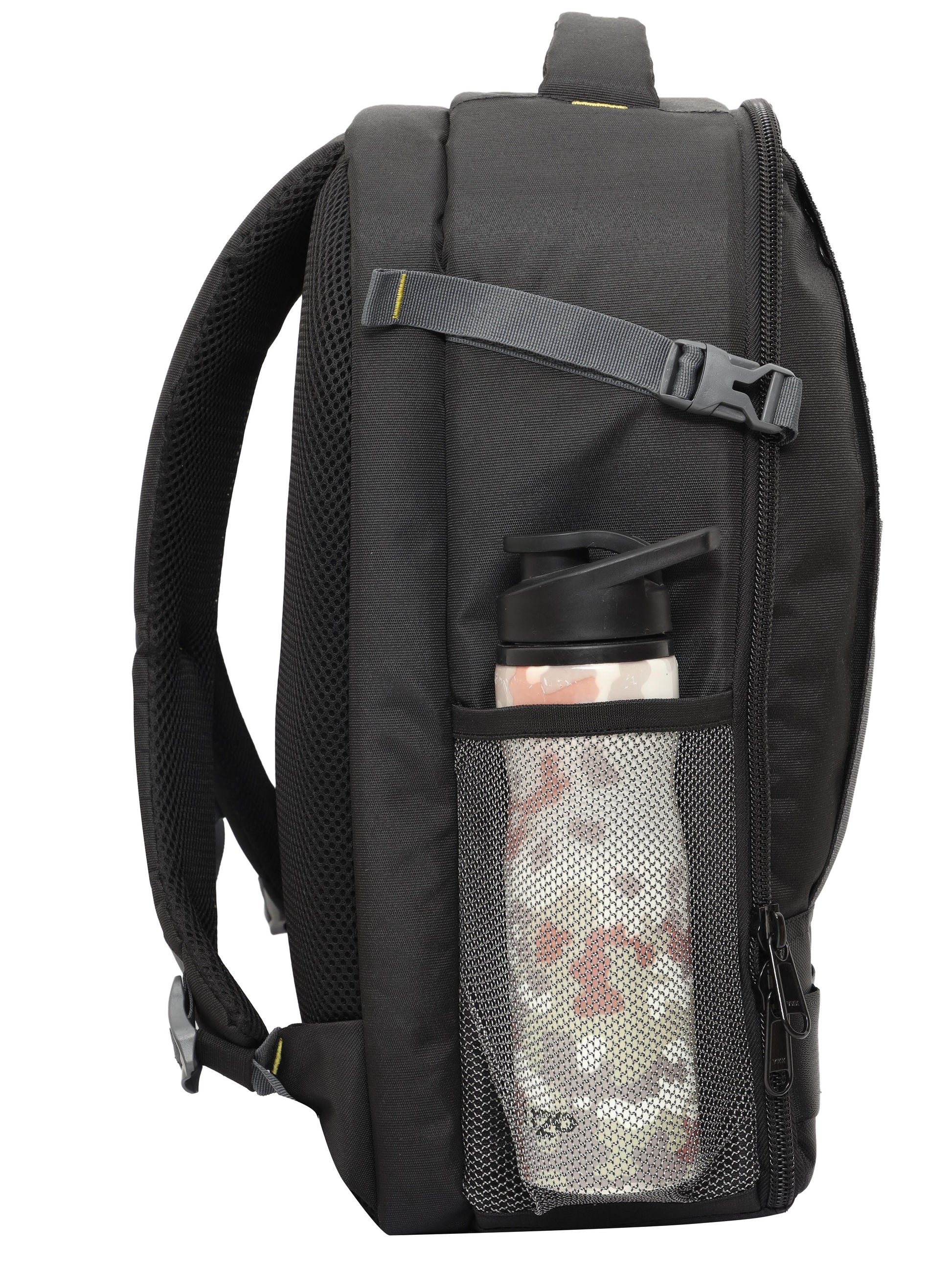 Image: Side view of the G12 Target DSLR camera bag, featuring a water bottle securely placed in the mesh pocket. The bag's ergonomic design, including padded shoulder straps and breathable mesh panels, ensures comfort during photography sessions while providing easy access to hydration.