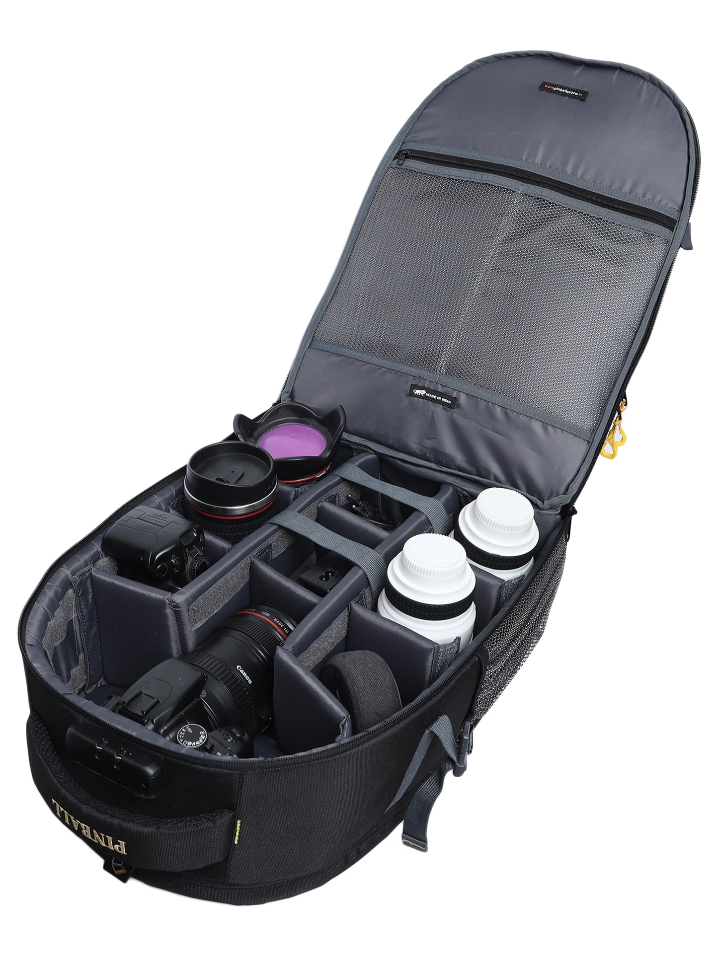 mage: Open view of the G13 BPL 4 DSLR camera bag, displaying a meticulously arranged collection of cameras, lenses, tripods, flashes, and other photography equipment. The bag's spacious compartments and customizable organization provide convenient storage and easy access to gear during photo shoots.