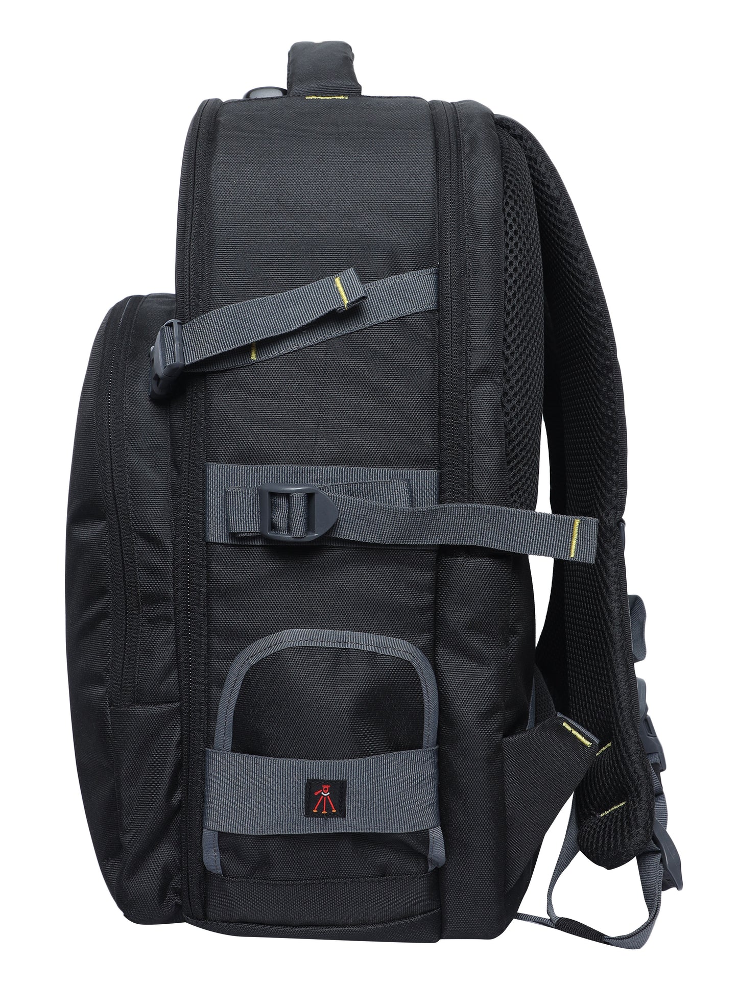 Image: Side view of the G13 BPL 4 DSLR camera bag, highlighting the foldable tripod stand holder. This convenient feature allows the tripod to be securely attached to the bag, providing hands-free portability while maintaining a compact and streamlined profile.