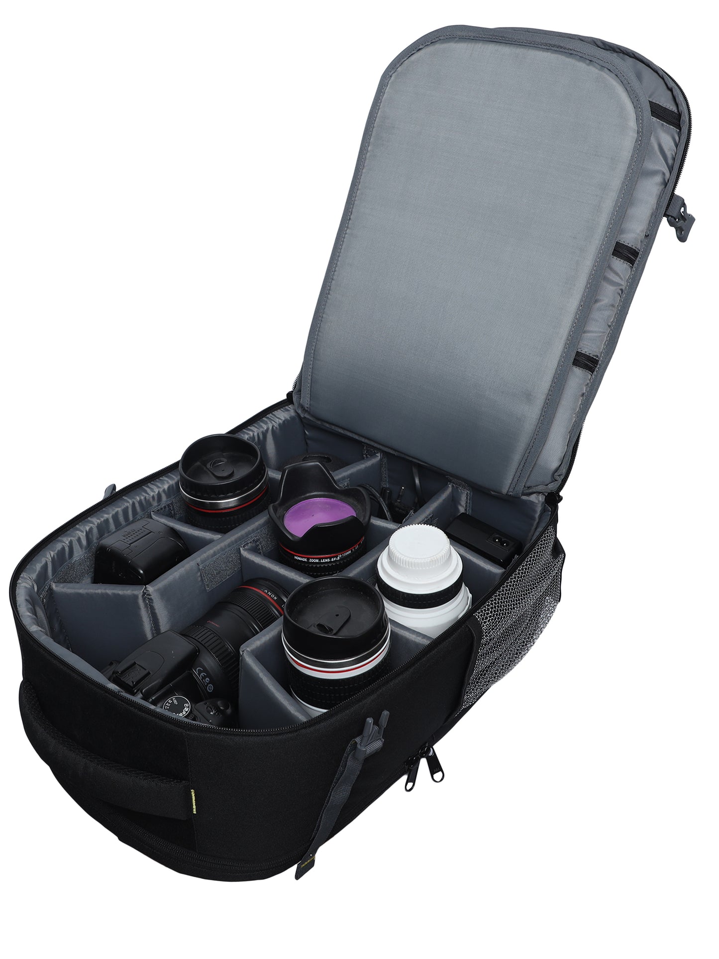 Image: Open view of the G14 Screenshot DSLR camera bag, revealing a carefully arranged assortment of cameras, lenses, tripods, flashes, and other essential photography equipment. The bag's spacious compartments and customizable organization ensure convenient storage and easy access to gear during photo shoots.