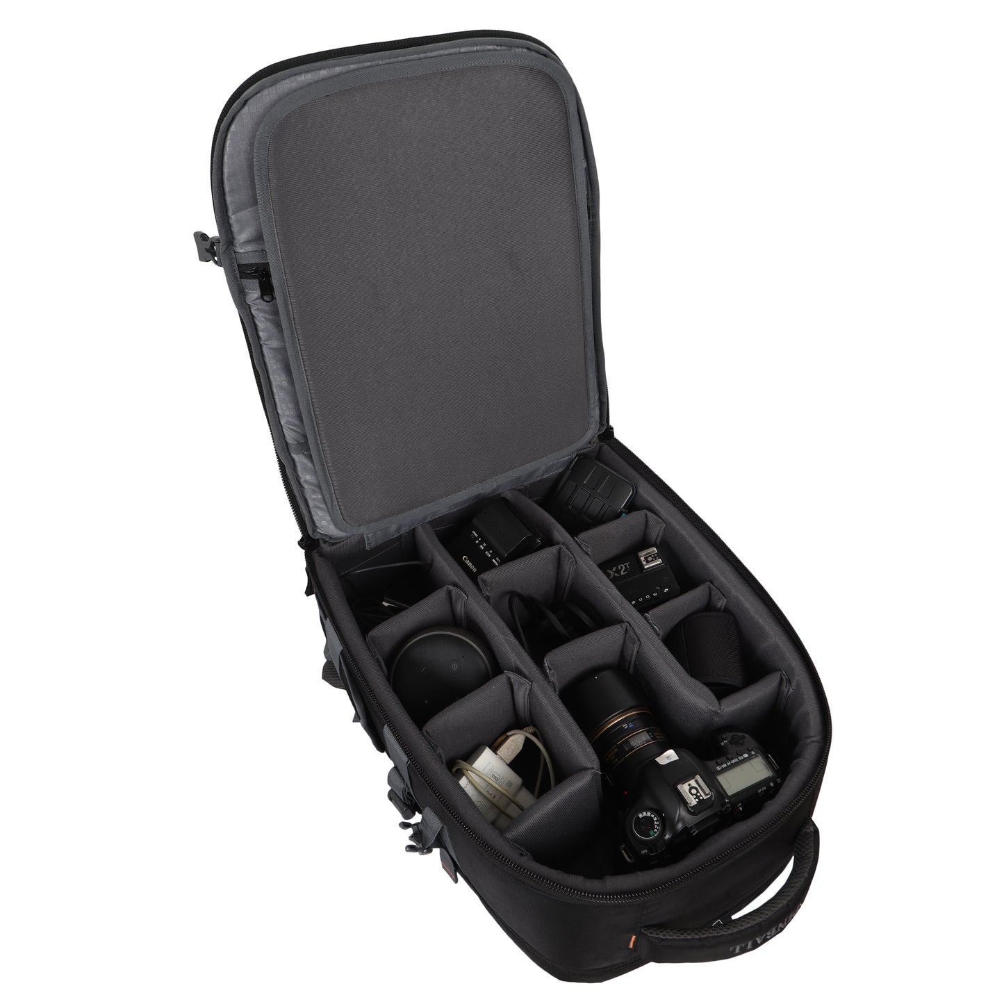 Image: Open view of the G15 Victory Pro DSLR camera bag, revealing a well-organized array of cameras, lenses, tripods, flashes, and various photography accessories. The bag's spacious compartments and customizable dividers ensure convenient storage and easy access to all your essential gear during professional photo shoots.
