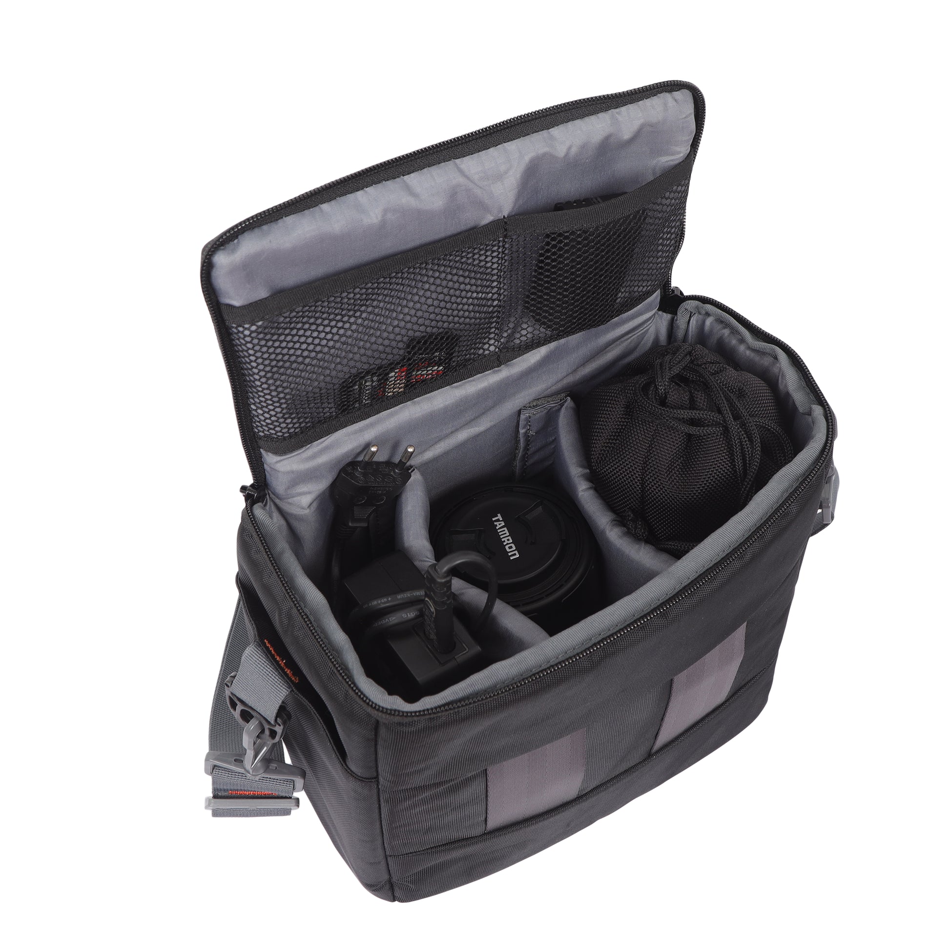 Image: Top 45-degree view of the G16 PNX Pro sling camera bag, revealing an open configuration with a camera body, lens, flash, and various accessories neatly arranged inside. The bag's versatile compartments and customizable dividers allow for efficient organization, ensuring easy access to your essential gear during photography sessions.