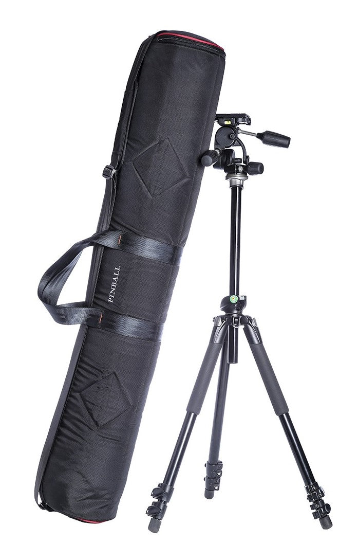 Mario-4 Light Stand bag positioned alongside a tripod, showcasing its capacity to hold four 14-foot light stands.