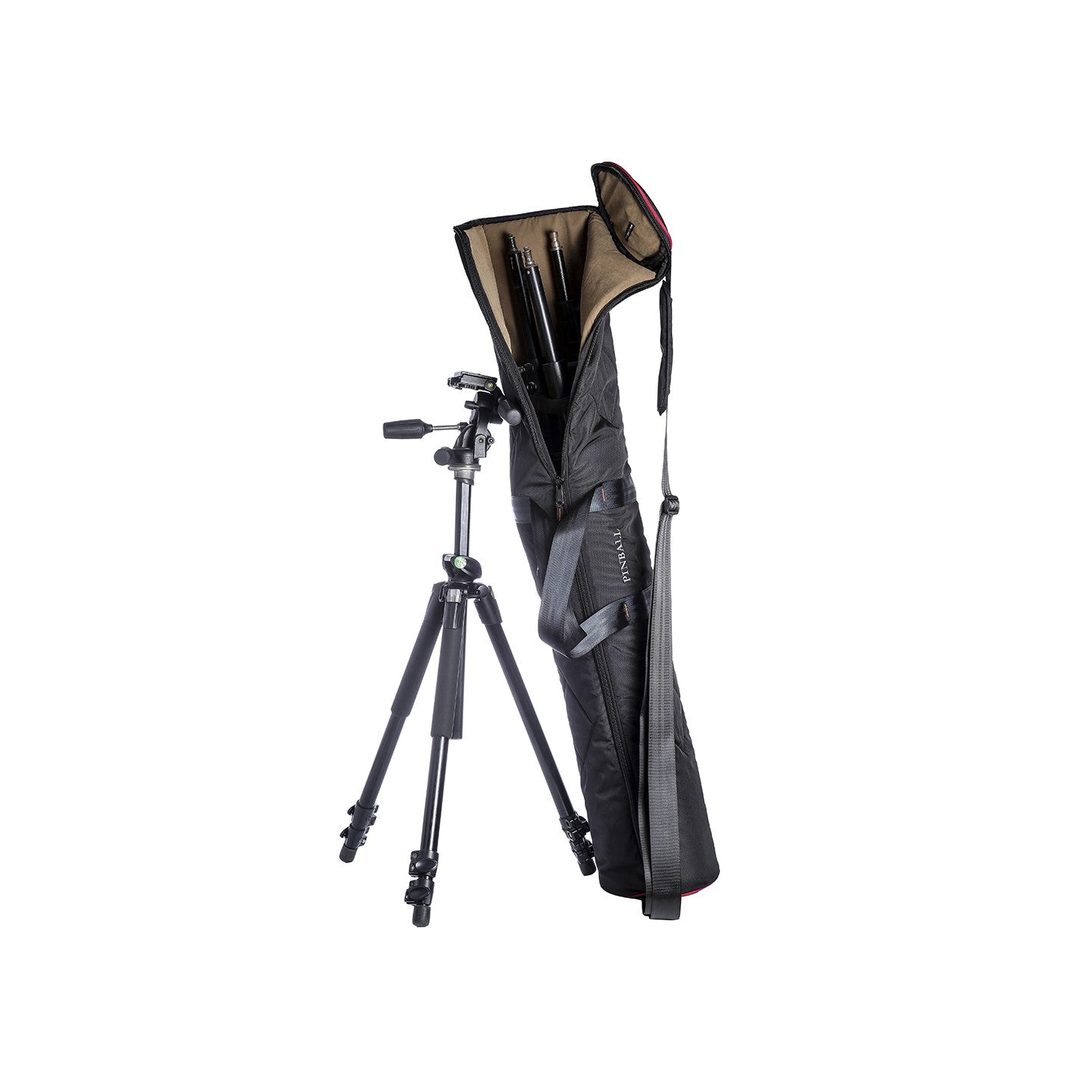 Mario-4 Light Stand bag positioned alongside a tripod, showcasing its capacity to hold four 14-foot light stands.