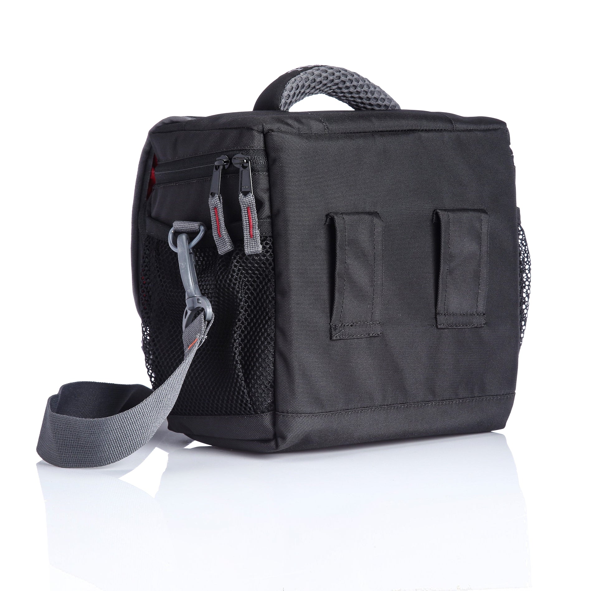 Image: Back view of the P28 PNX DSLR camera bag, highlighting its ergonomic design and adjustable sling strap. The bag's padded back panel and breathable materials offer comfortable carrying, while the adjustable strap allows for a customized fit. The compact and lightweight design makes it perfect for photographers on the move.
