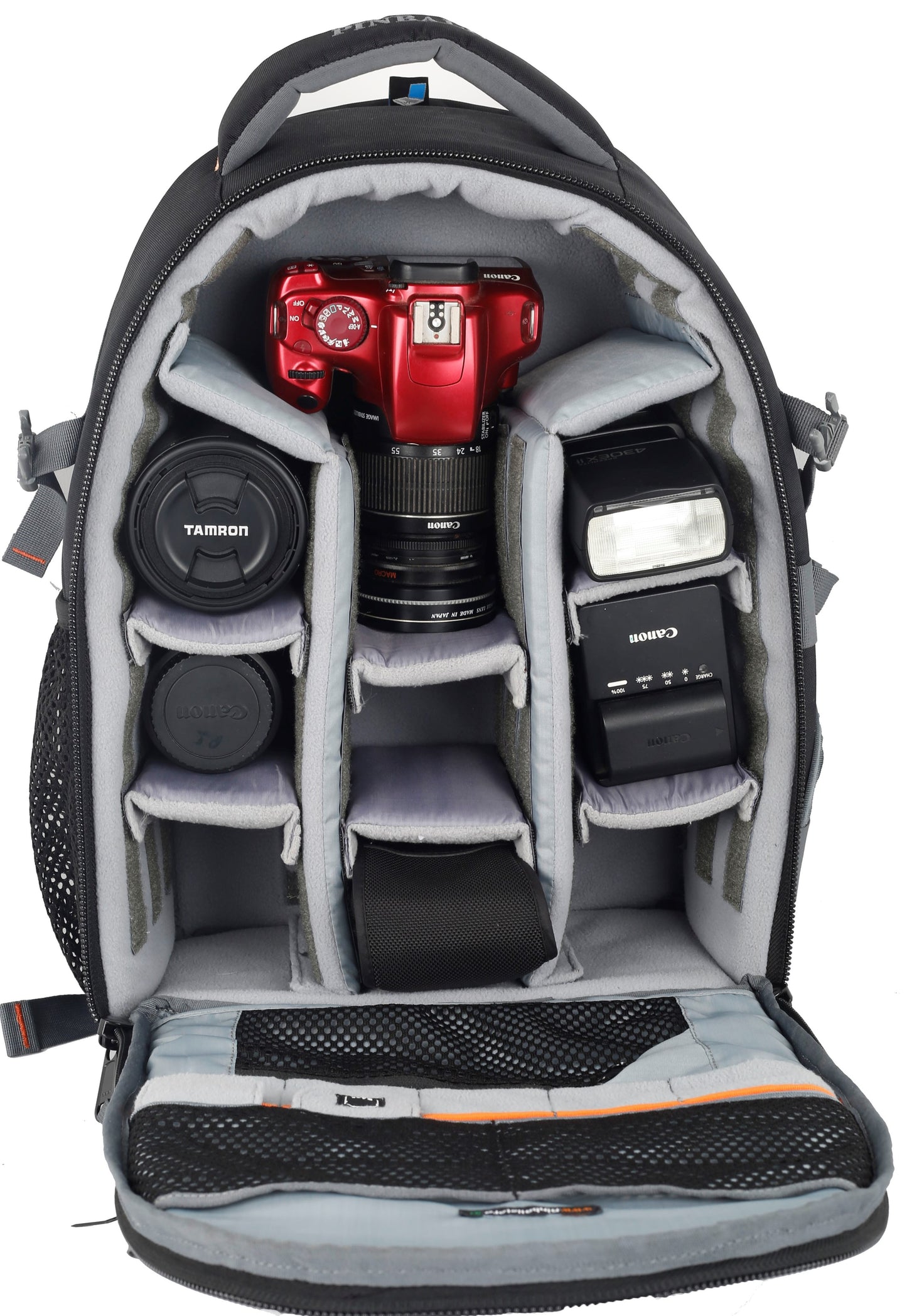 Image: Front view of the open P33 Sniper DSLR camera backpack, displaying its spacious interior with a camera and various equipment neatly organized inside. The bag's compartments and pockets provide secure and convenient storage for camera gear, ensuring easy access and efficient organization during photography sessions or travels.