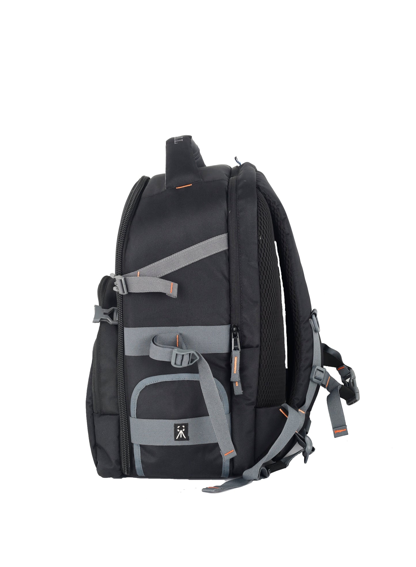 Image: Other side view of the P33 Sniper DSLR camera backpack, featuring the foldable tripod carrier and the secure belt to hold it in place. The foldable tripod carrier offers a convenient solution for carrying your tripod, while the belt ensures its secure attachment to the backpack. Stay prepared and carry your tripod securely with the P33 Sniper.