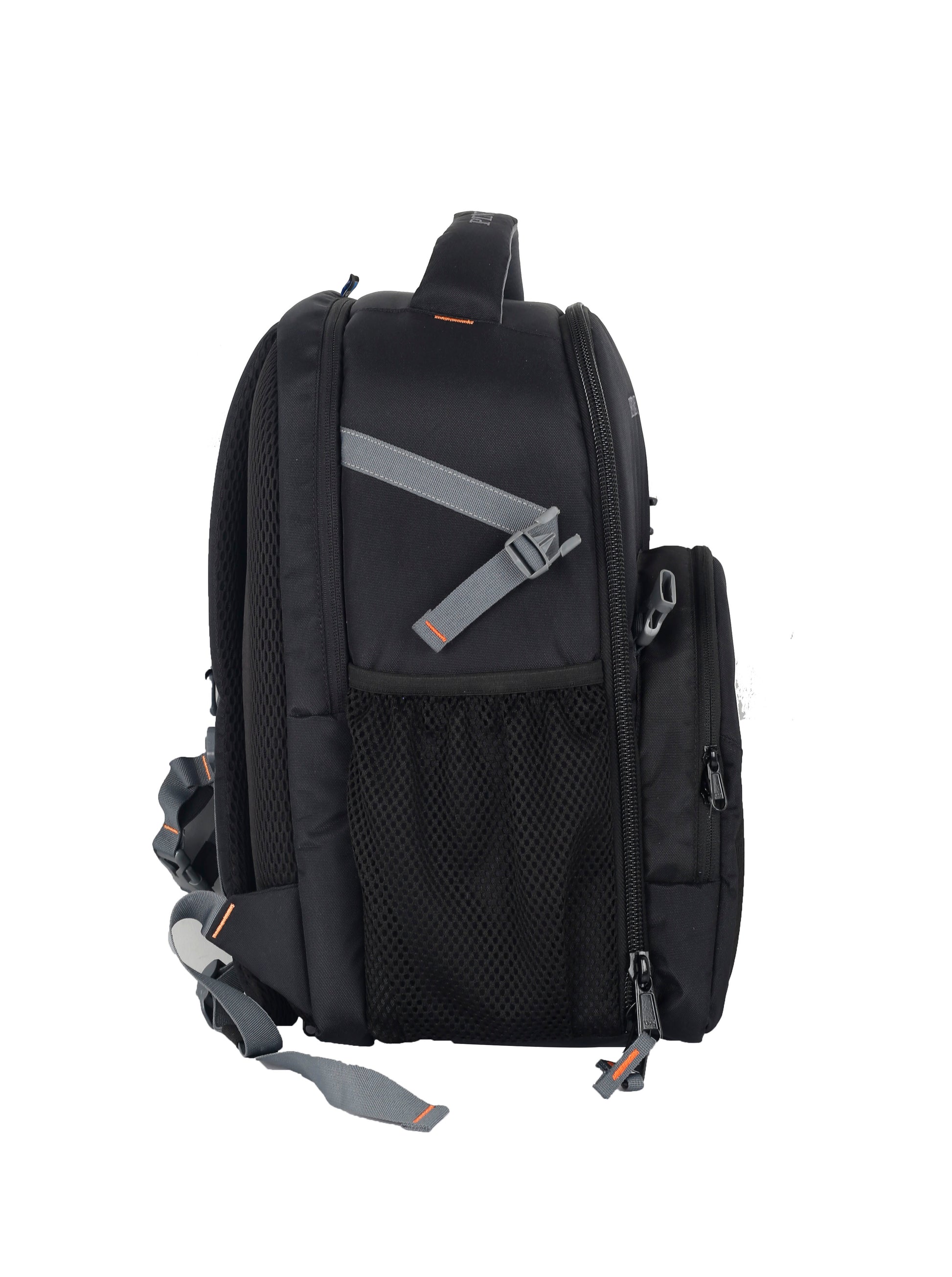 Image: Side view of the P33 Sniper DSLR camera backpack, highlighting its convenient water bottle mesh pocket and the dedicated rear laptop compartment. The water bottle mesh pocket offers easy access to hydration on the go, while the laptop compartment provides secure storage for your laptop or tablet. Stay hydrated and keep your digital devices protected with the P33 Sniper.
