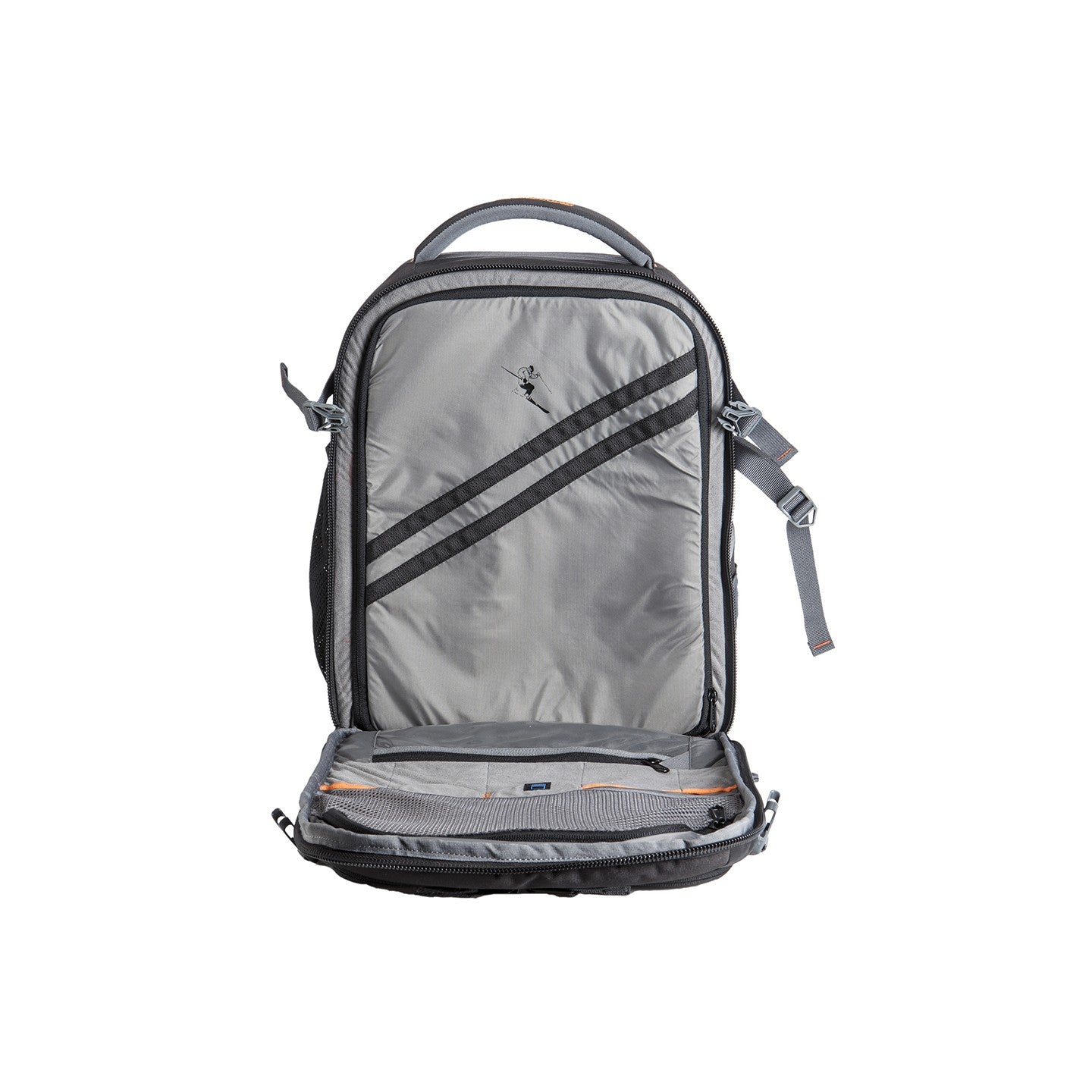 Image: Open view of the P36 Torino 1 video camera backpack, revealing its zipper compartment that acts as an additional layer of protection for the camera and equipment. This compartment helps prevent accidental falls or damage when the bag is opened, ensuring the safety and security of your gear. Stay confident and worry-free during your video shoots with the added protection of the P36 Torino 1.