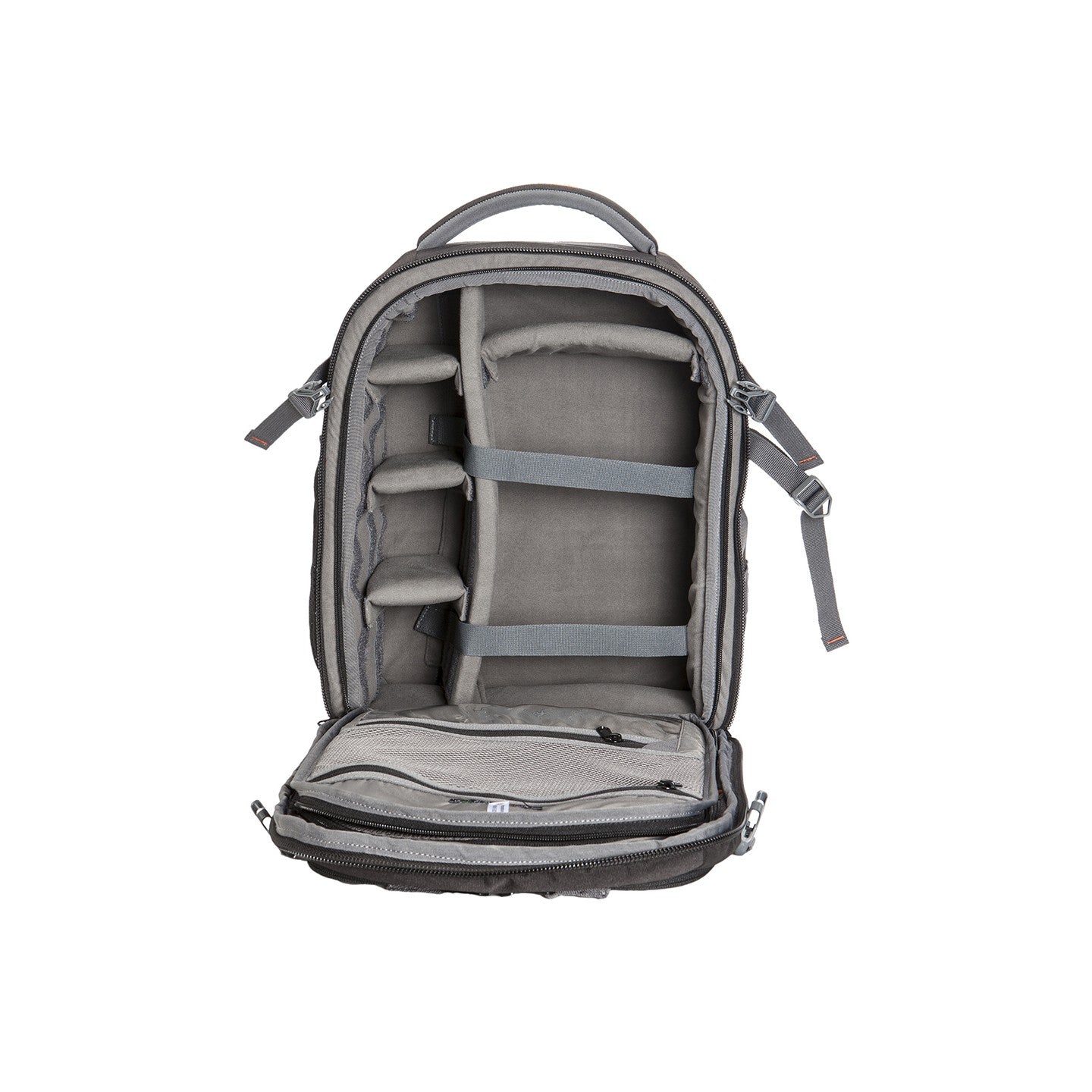 Image: Open view of the P36 Torino 1 video camera backpack, displaying its empty compartments and customizable dividers. The bag's spacious interior provides ample storage options for video cameras, lenses, accessories, and other equipment. Stay organized and ready for your next video shoot with the versatile storage capabilities of the P36 Torino 1.