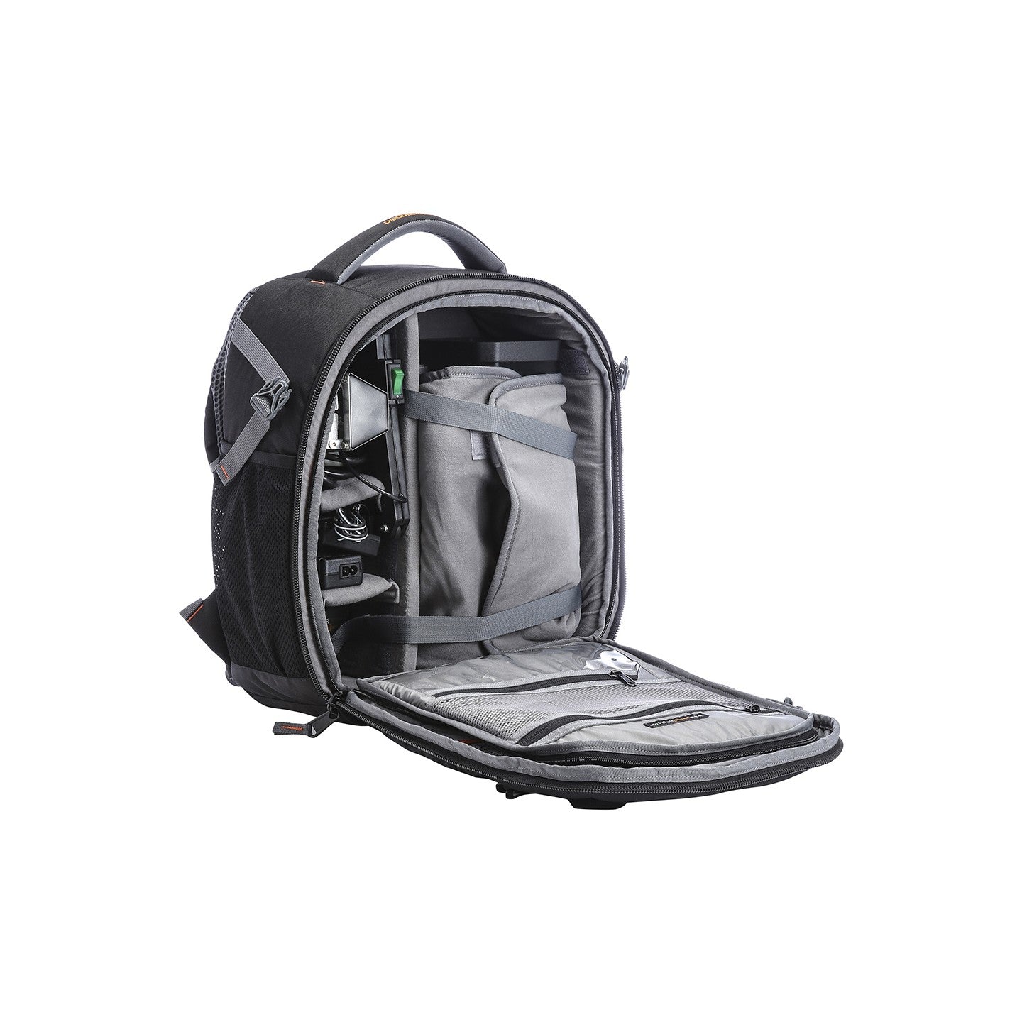 Image: Front view of the open P36 Torino 1 video camera backpack, showcasing its spacious interior with a camera and various equipment neatly organized inside. The bag's dedicated compartments and customizable dividers provide secure and convenient storage for video cameras, lenses, accessories, and more. Stay organized and ready to capture professional-quality footage with the P36 Torino 1.