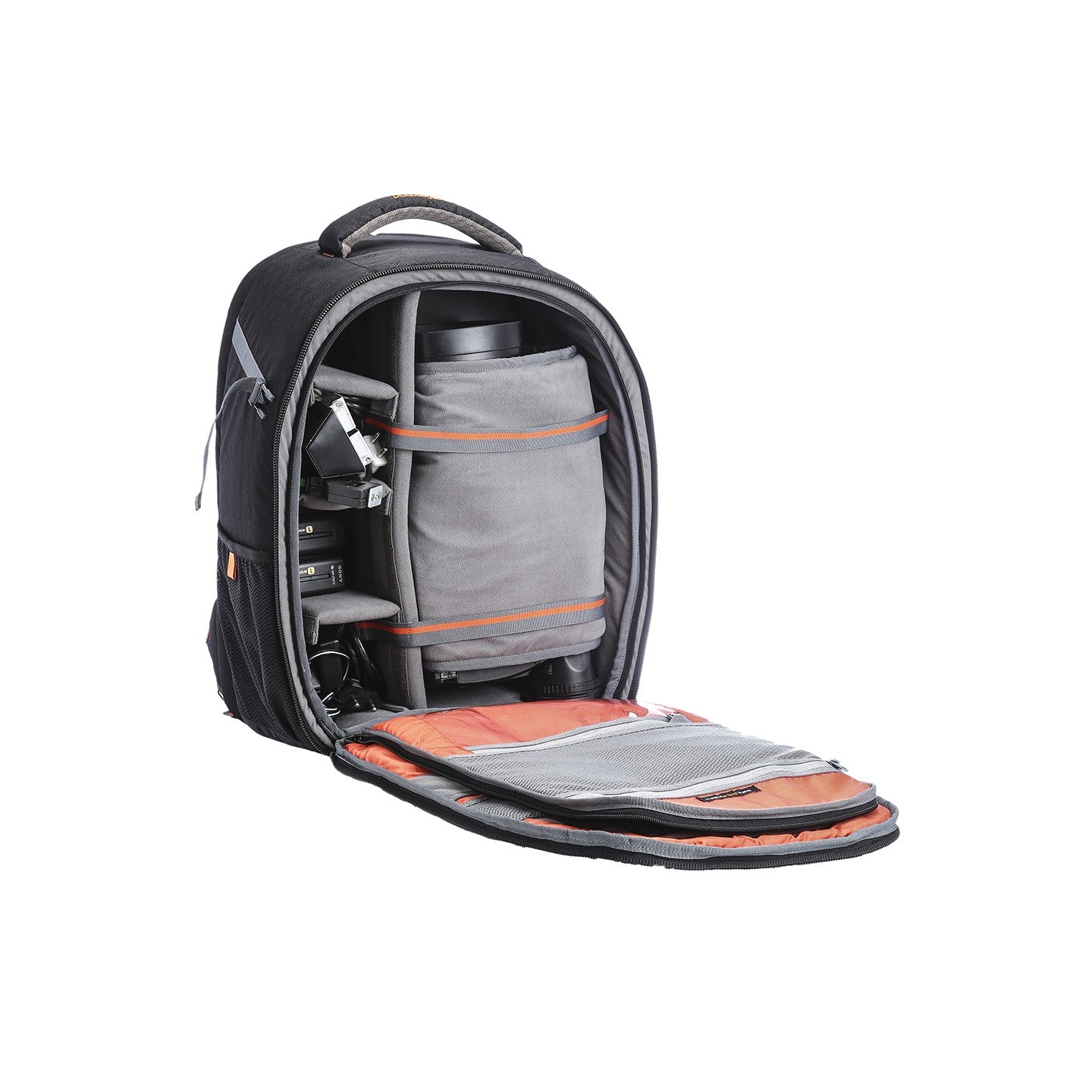 Image: Open view of the P37 Torino 2 video camera bag, revealing its spacious compartments filled with video cameras and various equipment. The bag's dedicated storage areas and customizable dividers ensure secure and organized placement of your gear. Stay prepared and ready to capture professional-quality footage with the P37 Torino 2.