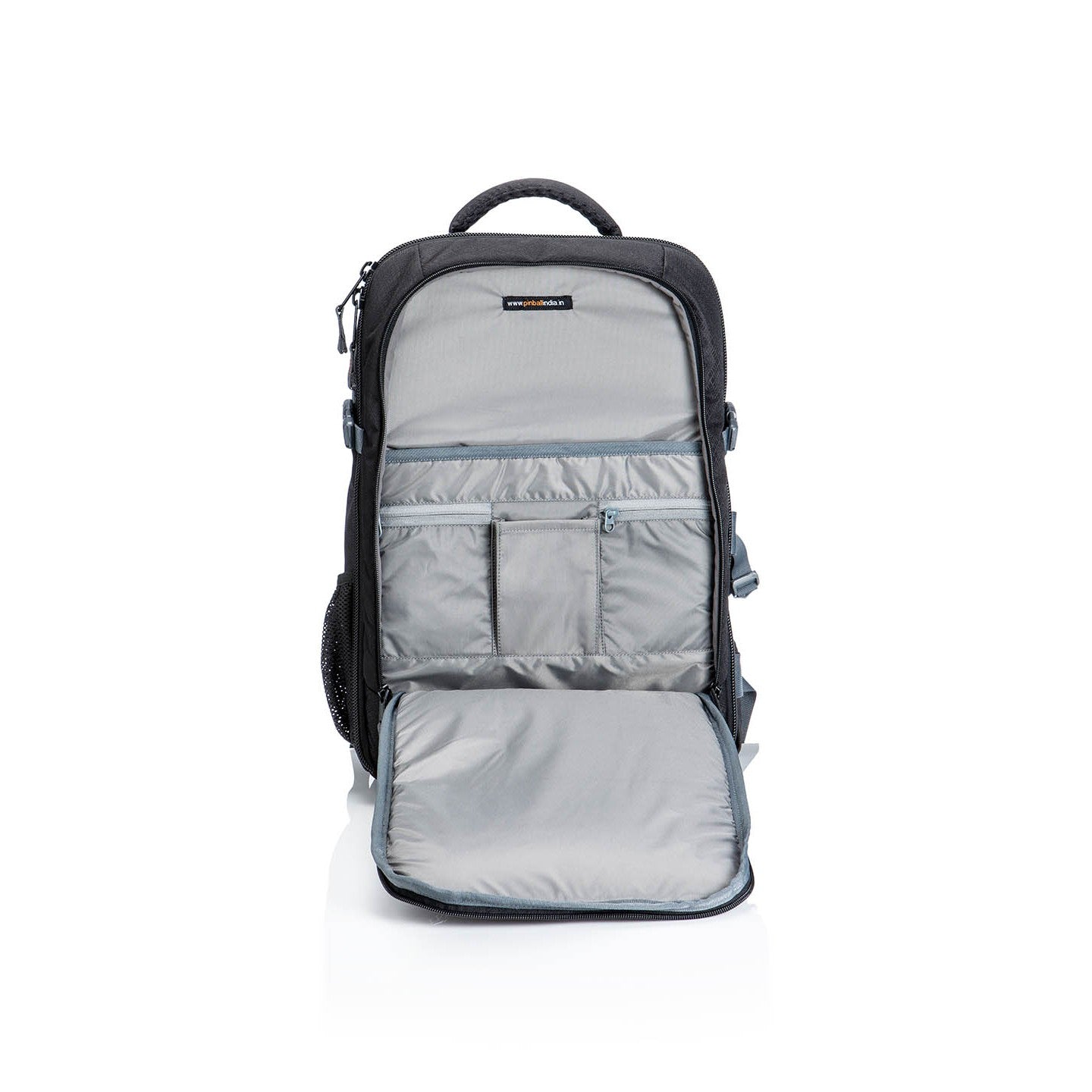 "Image: Front view of the P41 Tribute DSLR camera bag with the front flap open, providing a clear view of the interior compartments and customizable dividers. The open flap allows for easy access to your camera and accessories, making it convenient to grab your gear and start shooting. Stay organized and efficient with the P41 Tribute."