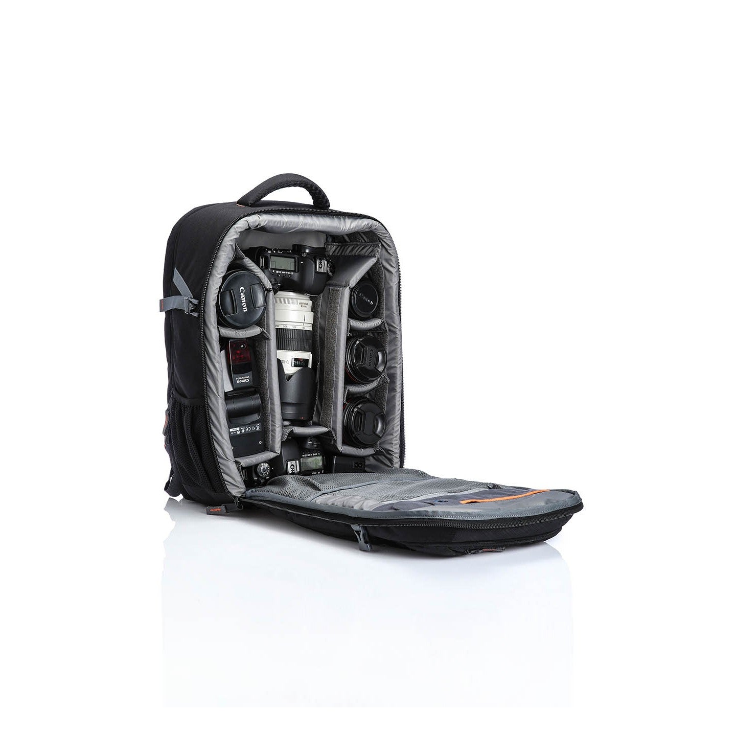 Image: Open view of the P41 Tribute DSLR camera bag, revealing its spacious compartments filled with camera equipment and accessories. The bag's customizable dividers and dedicated storage areas ensure secure organization and easy access to your gear. Stay prepared and ready to capture amazing shots with the P41 Tribute."