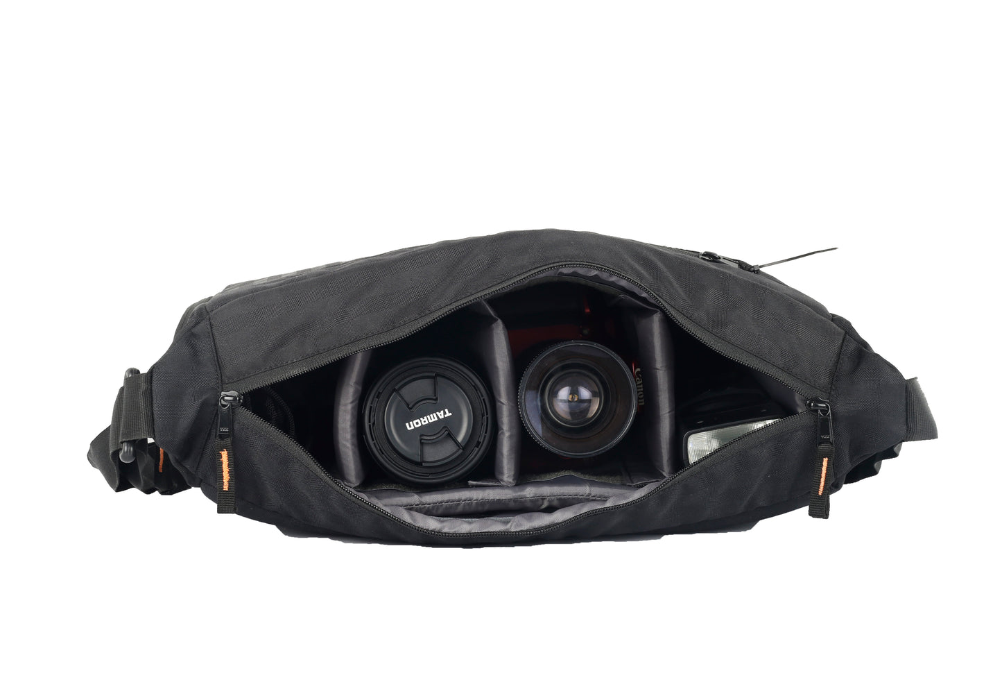 Image: Top view of the P49 Lens Pro sling bag, revealing its interior compartments filled with lenses and photography equipment. The bag's customizable dividers ensure secure and organized storage for your gear, allowing you to easily access and protect your valuable lenses. Stay organized and ready for your photography adventures with the P49 Lens Pro.