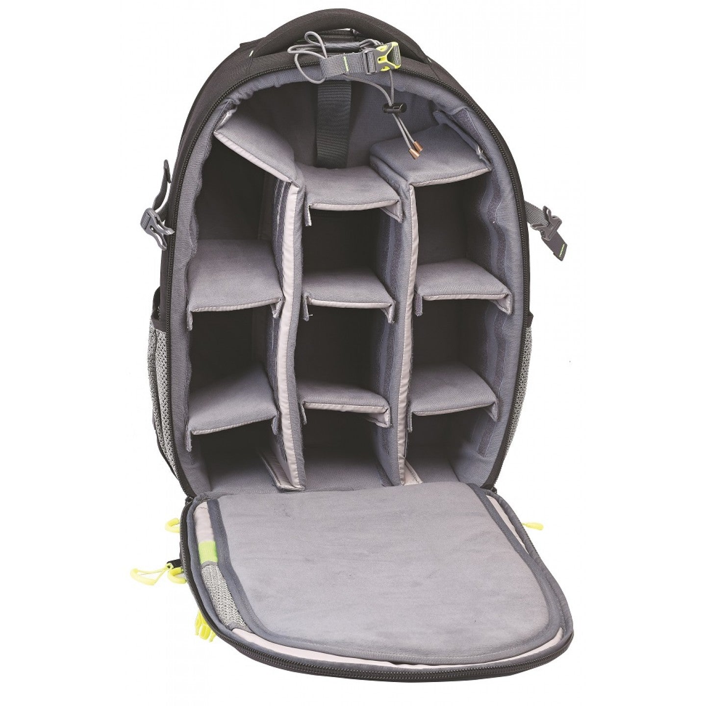Image: Front view of the open P54 Eye Q DSLR camera bag, showcasing its spacious compartments and customizable dividers. The empty bag provides ample storage space for DSLR cameras and accessories, allowing for convenient organization and quick access during photography sessions. Stay prepared and organized with the P54 Eye Q.