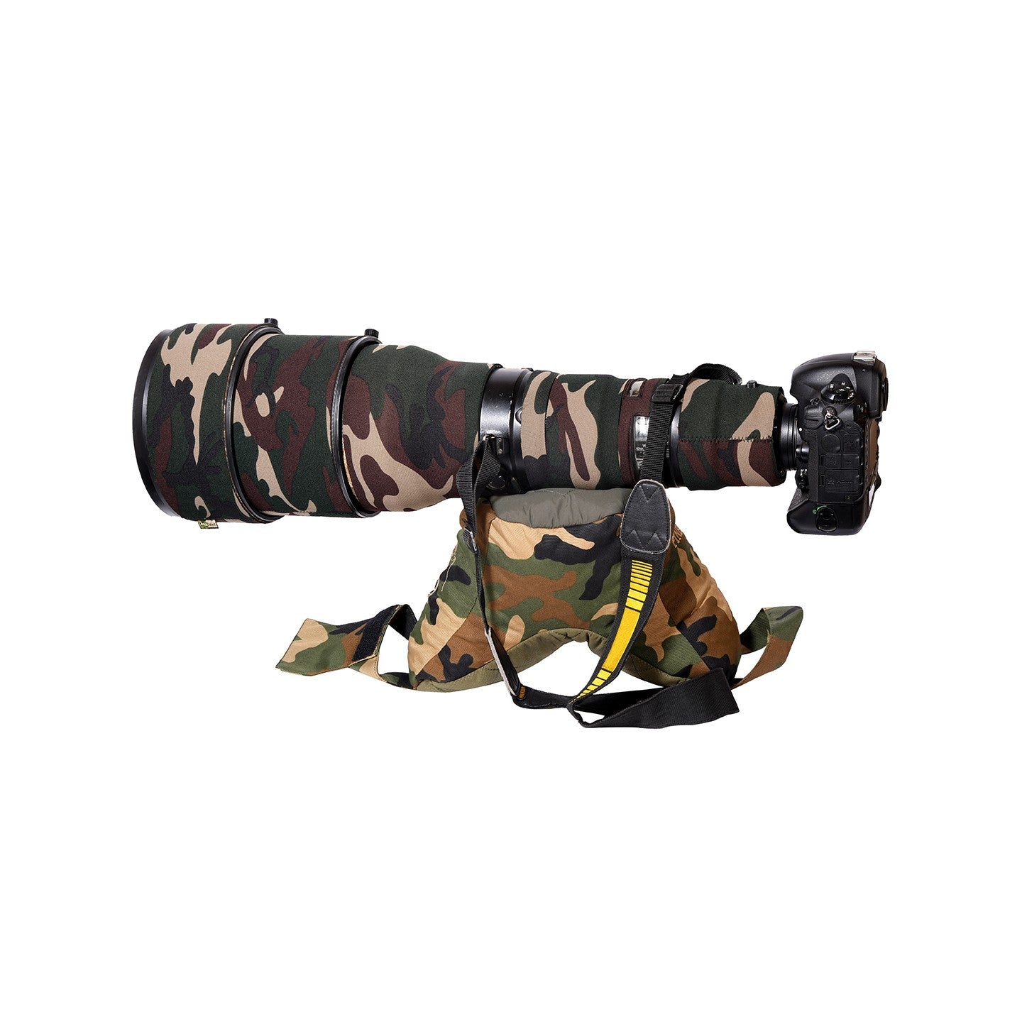 Image: A camera attached to a telephoto lens placed on the P5 Bean Bag. The camera and lens are covered with a camouflage cover, blending seamlessly with the environment for wildlife photography. The P5 Bean Bag provides a stable platform for capturing steady shots in the wild