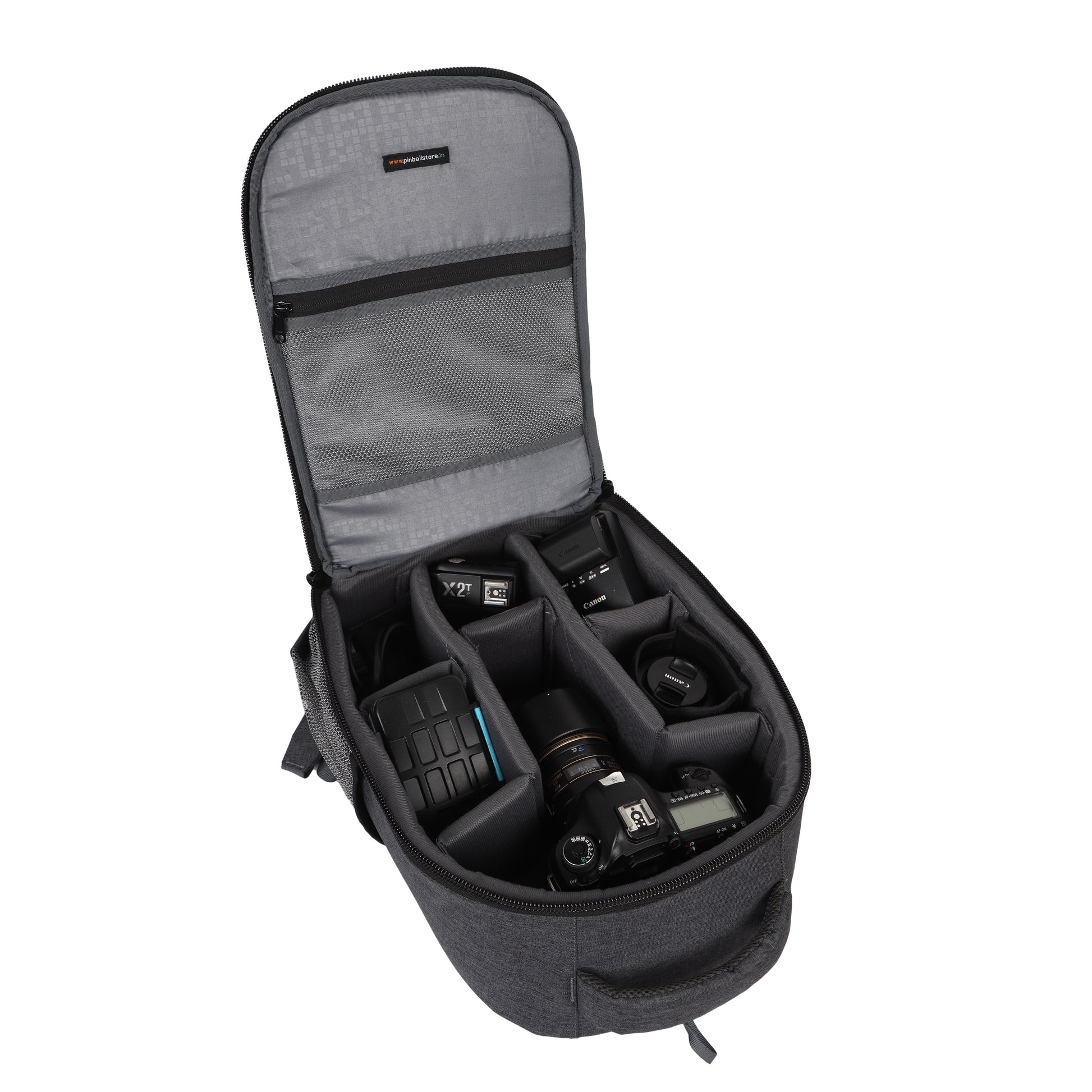 Image: Top view of the open P67 Rage DSLR camera bag, showcasing its spacious interior without any equipment. The bag provides plenty of room for organizing and storing your camera gear and accessories, ensuring everything is within easy reach. Stay prepared and organized with the P67 Rage.