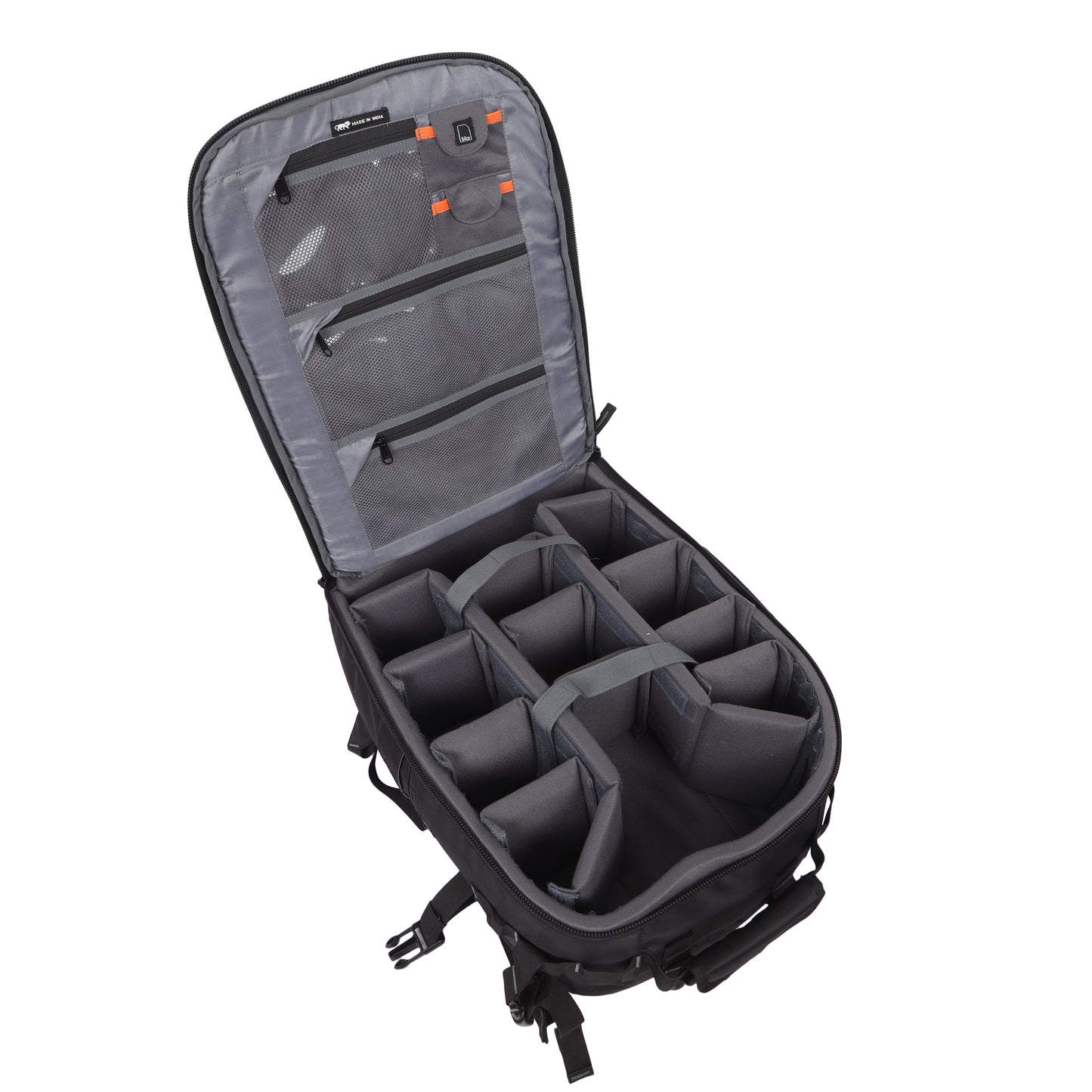 Image: Top view of the P70 Magnet DSLR camera bag, displaying its empty interior. The bag features spacious compartments and customizable dividers for organizing your camera gear. Stay organized and ready for your photography adventures with the P70 Magnet camera bag.