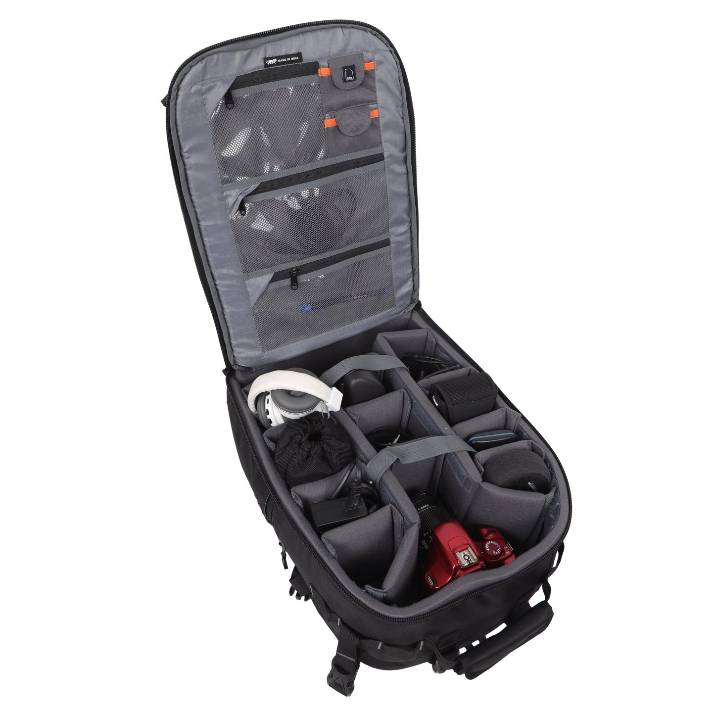 Image: Top view of the P70 Magnet DSLR camera bag, showcasing its spacious interior with cameras and equipment neatly organized. The bag offers versatile compartments and customizable dividers for efficient gear storage. Experience convenience and protection with the P70 Magnet camera bag.